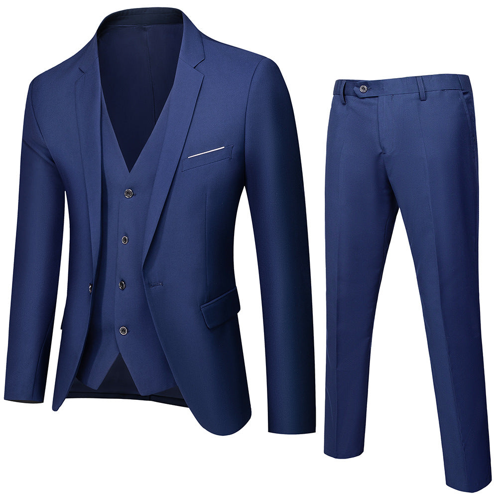 Men's three-piece business suit set with tailored single-breasted jacket, slim fit waistcoat, and elegantly cut suit pants Mune Fashion