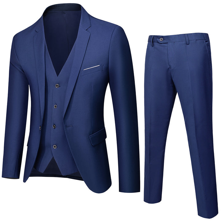 Men's three-piece business suit set with tailored single-breasted jacket, slim fit waistcoat, and elegantly cut suit pants Mune Fashion