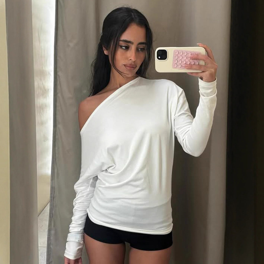 Women's asymmetrical off-shoulder long sleeve with tailored silhouette and thumb hole sleeves Mune Fashion