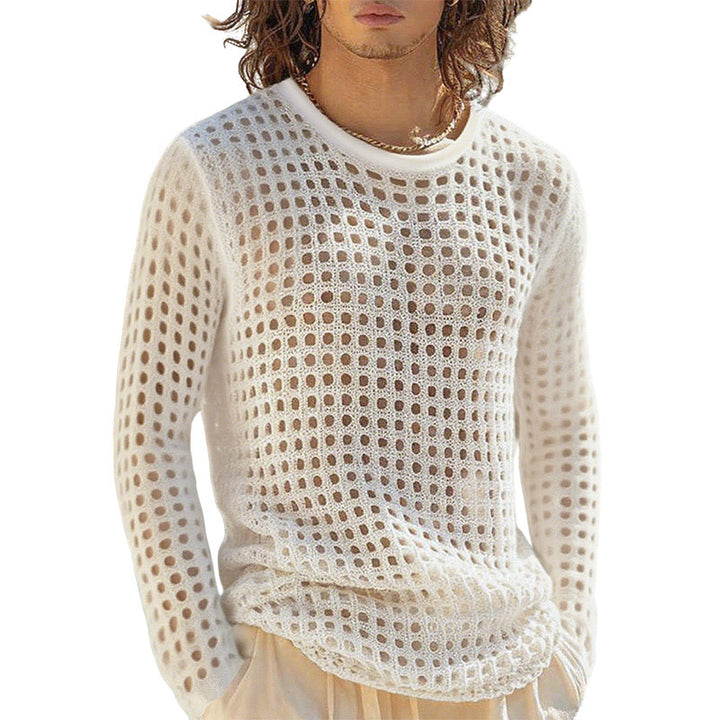 Men's airy openwork knit sweater with square mesh pattern and crew neck Mune Fashion
