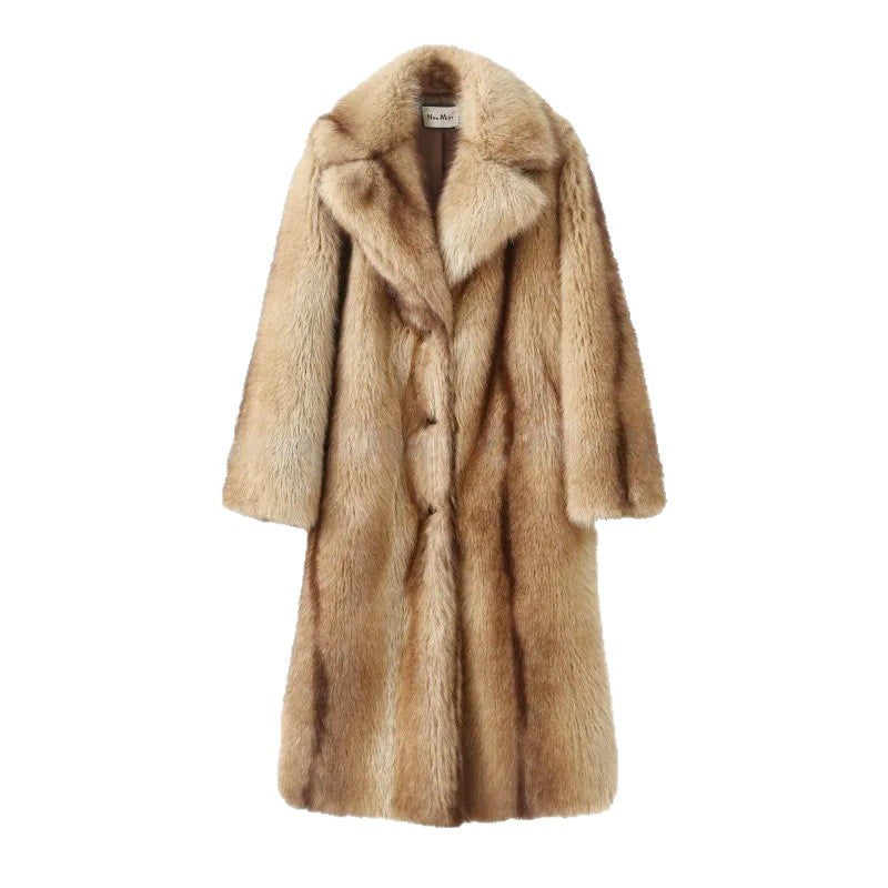 Women’s longer luxurious fur coat with wide lapels and concealed button placket Mune Fashion