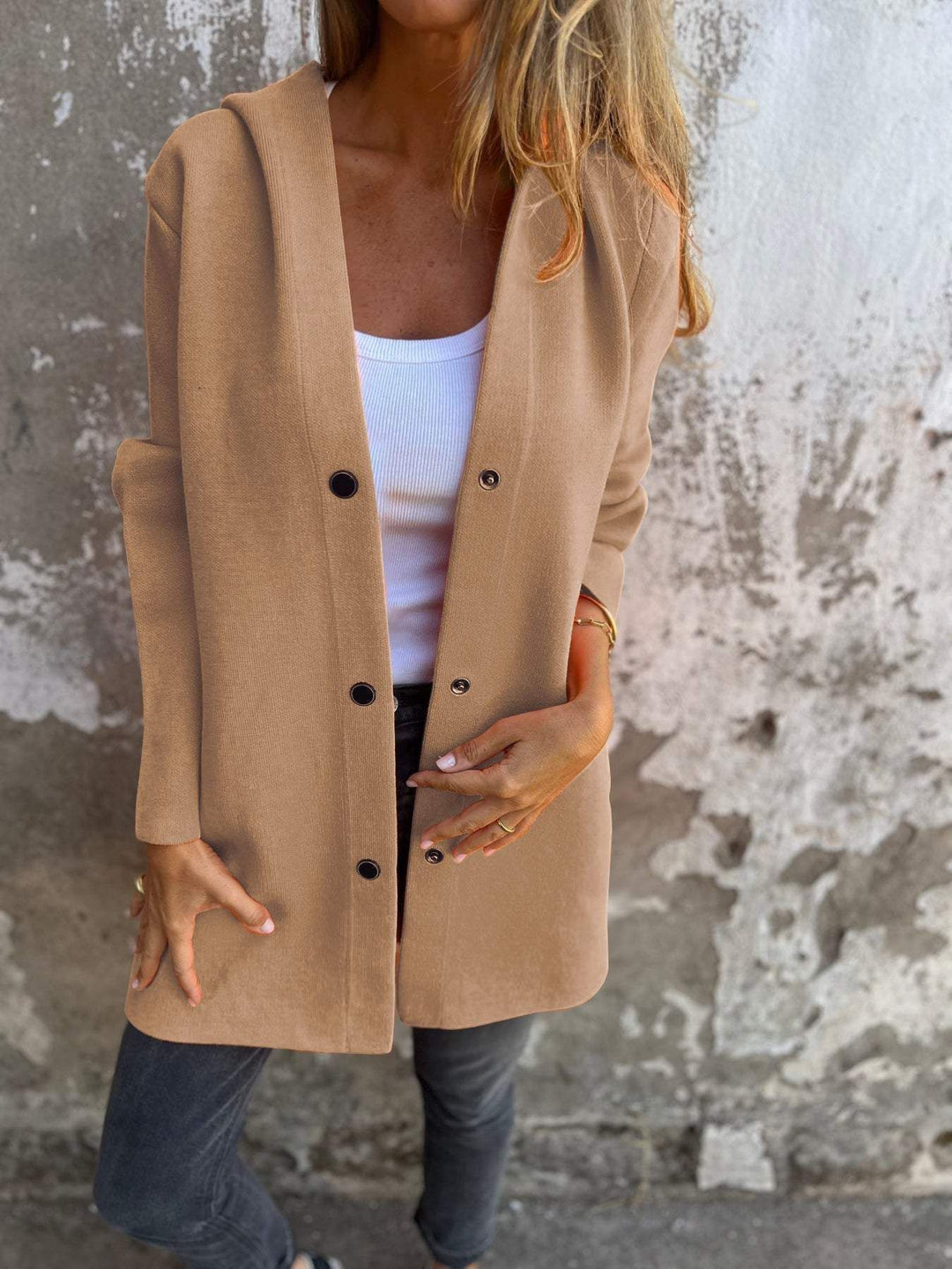 Women's hooded coat mid-length cotton blend with snap button placket and side pockets Mune Fashion