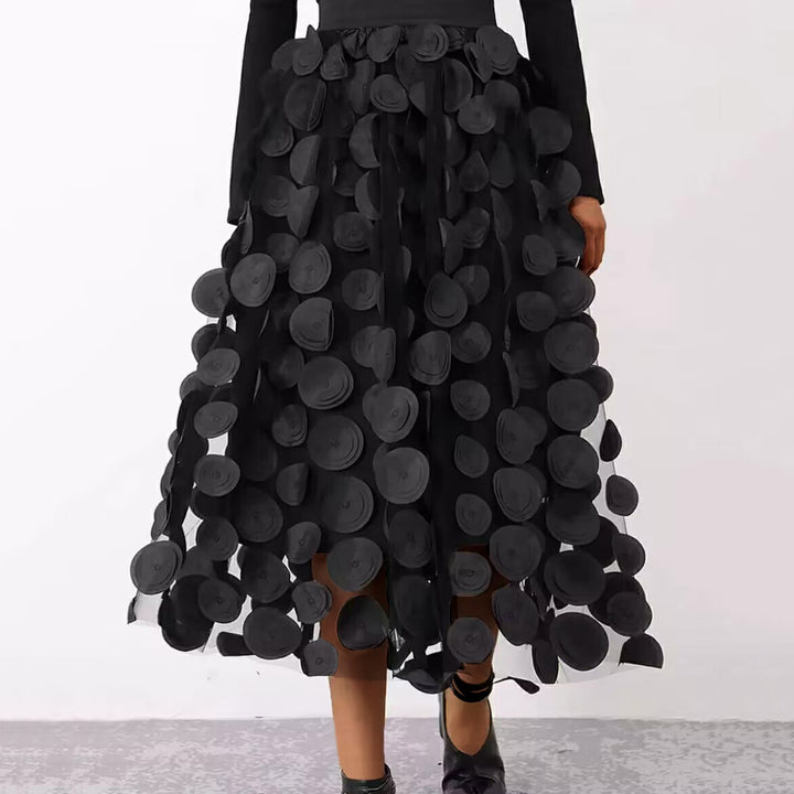 Women's flared midi skirt with transparent 3D appliqués and elastic waistband Mune Fashion