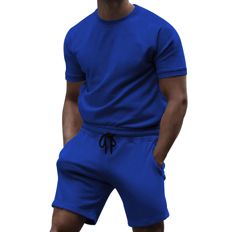 Men's short-sleeve sweat set made of soft sweatshirt fabric with a round neck shirt and drawstring shorts Mune Fashion