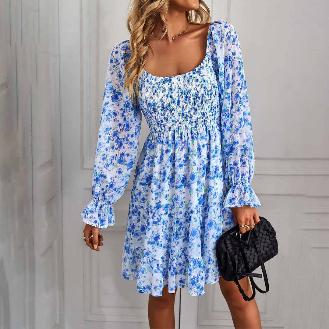Women's Carmen Ruffle Dress with Smocked Top, Long Balloon Sleeves, Tiered Skirt, and Side Pockets Mune Fashion