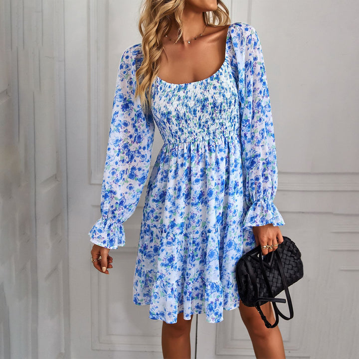 Women's Carmen Ruffle Dress with Smocked Top, Long Balloon Sleeves, Tiered Skirt, and Side Pockets Mune Fashion