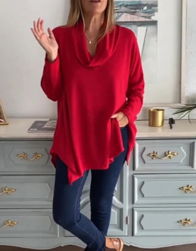 Women's fall shoulder drape tunic top with asymmetric zip hem and side pockets Mune Fashion