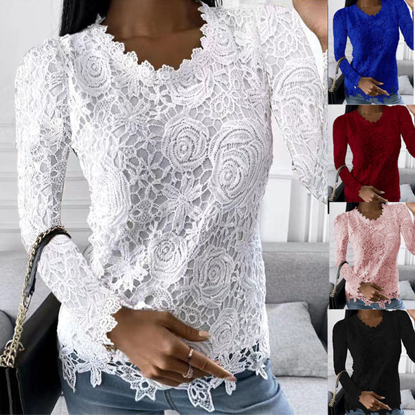 Women nan figure-hugging lace blouse with floral allover lace, long sleeves and scalloped hem Mune Fashion