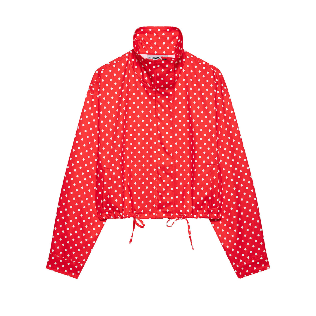 Women's Polka Dot Cropped Rain Jacket with Stand Collar and Drawstring Hood