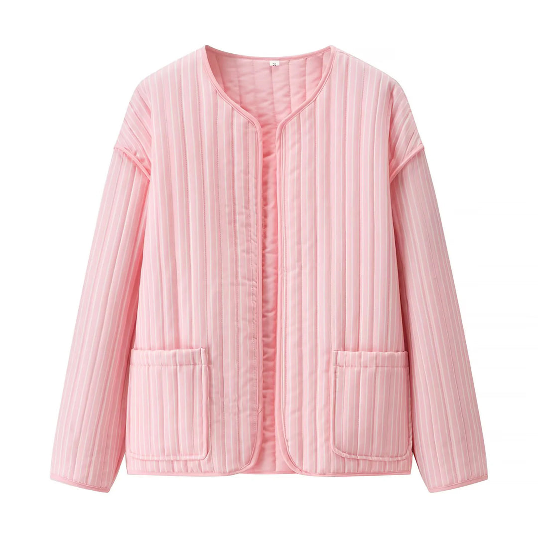 Women's quilted transitional jacket with round neckline, open front and patch pockets Mune Fashion
