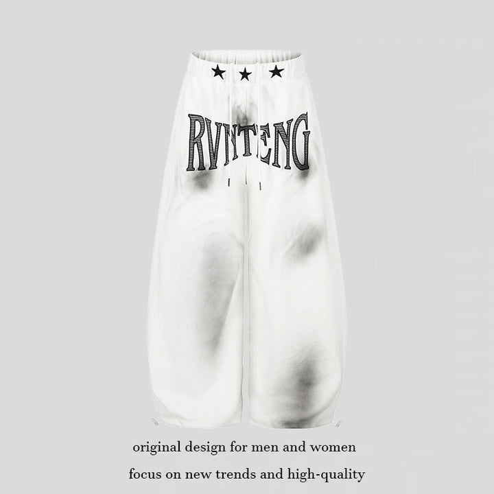 Women's Extra Wide Palazzo Sweatpants with Drawstring Waistband, Star Appliqué and Soft Tie-Dye Effect Mune Fashion