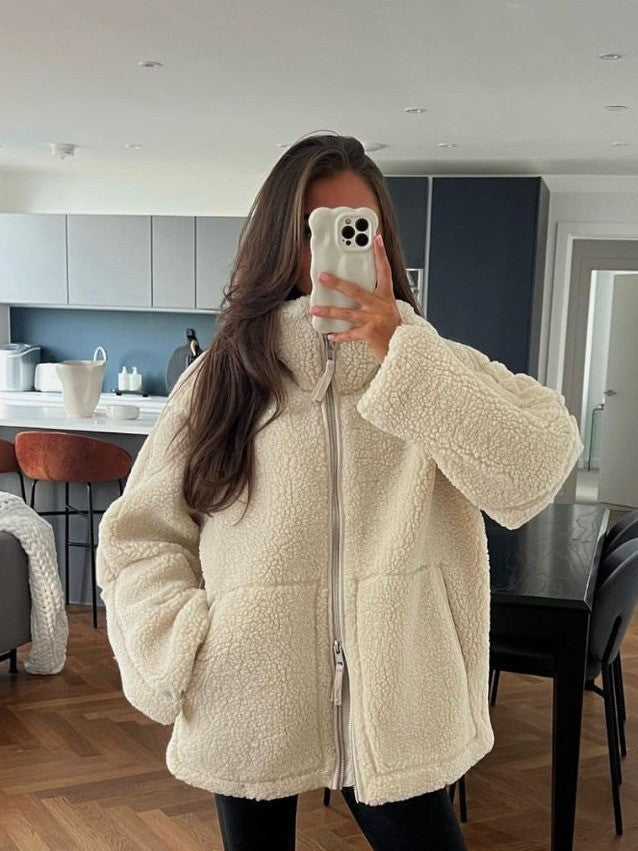 Women's Oversized Teddy-Fleece Jacket with Zipper and Stand-Up Collar Mune Fashion