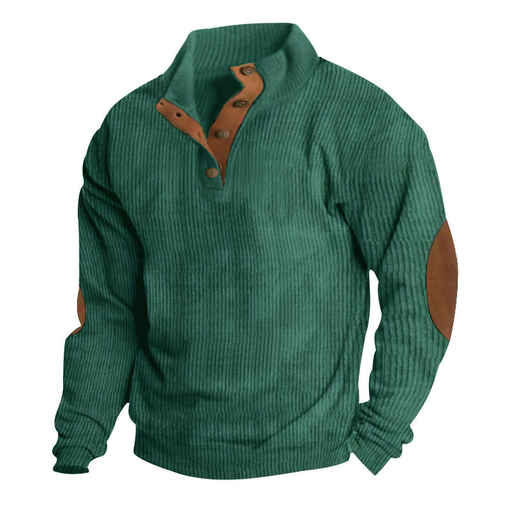 Men's ribbed knit pullover with stand-up collar, button placket and distinctive elbow patches Mune Fashion