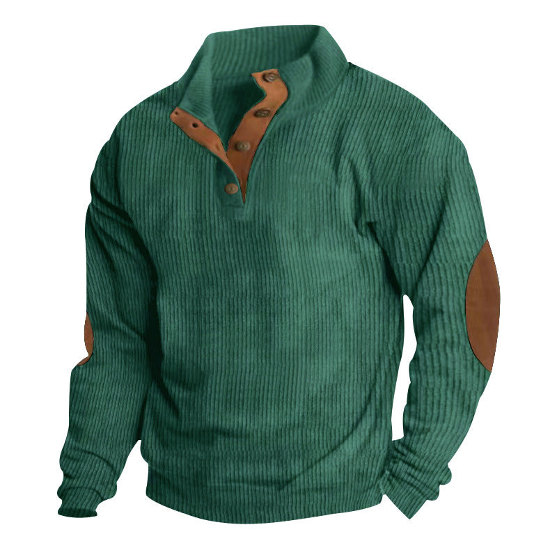 Men's rustic ribbed pullover with Henley collar and leather-like elbow patches Mune Fashion
