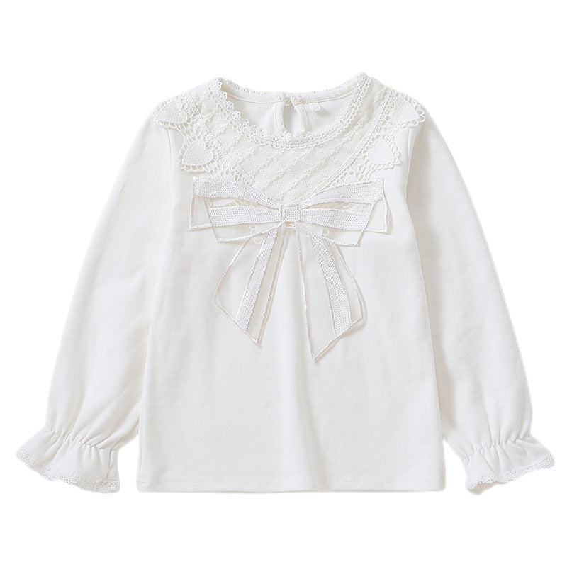 Girl Long Sleeve Blouse with Lace Trim and Bow Detail Mune Fashion