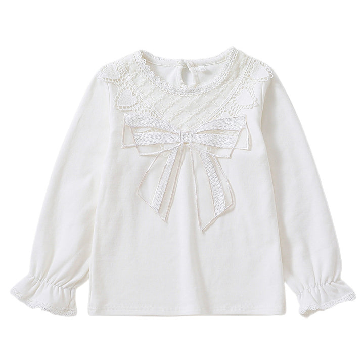 Girl Long Sleeve Blouse with Lace Trim and Bow Detail Mune Fashion