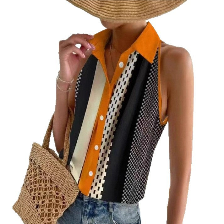 Women's sleeveless shirt blouse with collar, full button placket and graphic stripe and dot pattern Mune Fashion