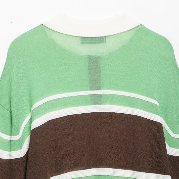 Women's Cropped Polo Shirt - Knitted Sweater with Rugby Stripes, Shirt Collar and Ribbed Hem Mune Fashion