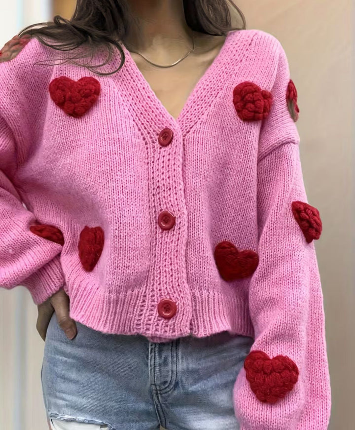 Women's Short-Cut V-Neck Cardigan with Embossed Heart Appliqués and Decorative Buttons Mune Fashion