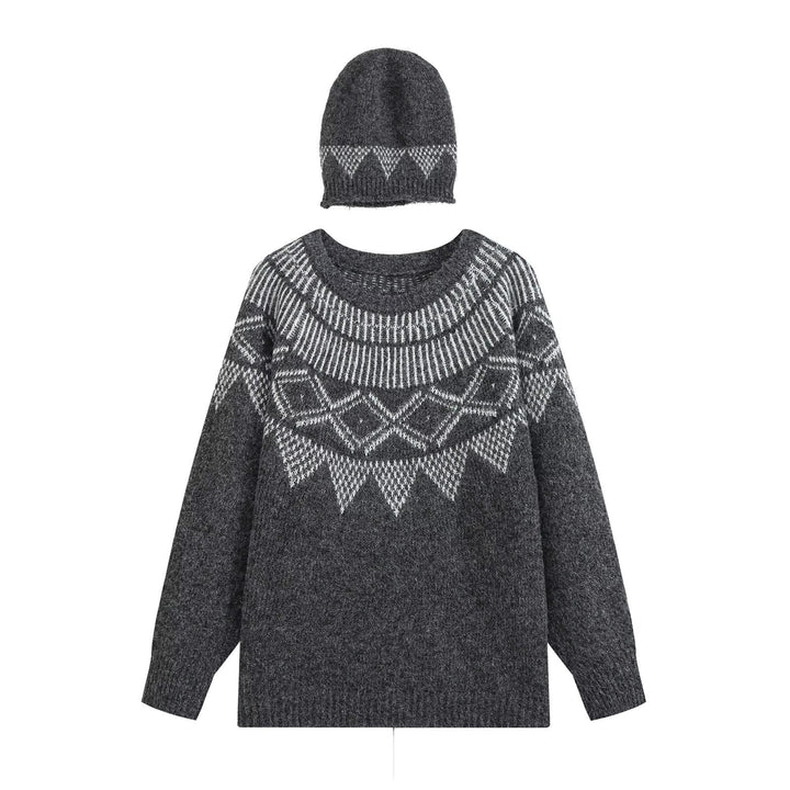 Women Oversized Norwegian Knit Sweater with Round Neckline and Matching Beanie Drune