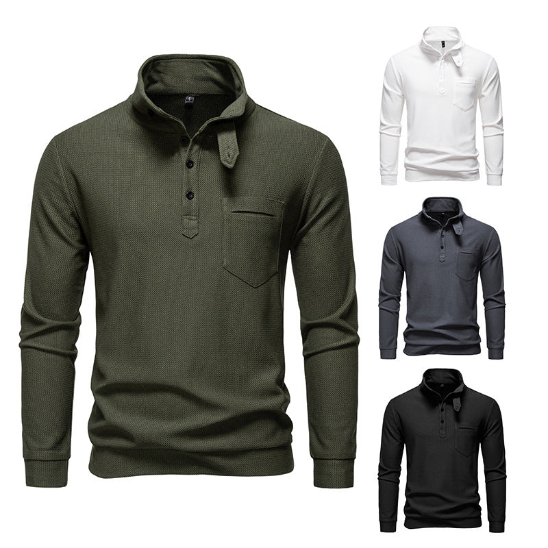 Men's Textured Waffle Knit Henley Shirt with High Collar, Button Placket and Chest Pocket Mune Fashion