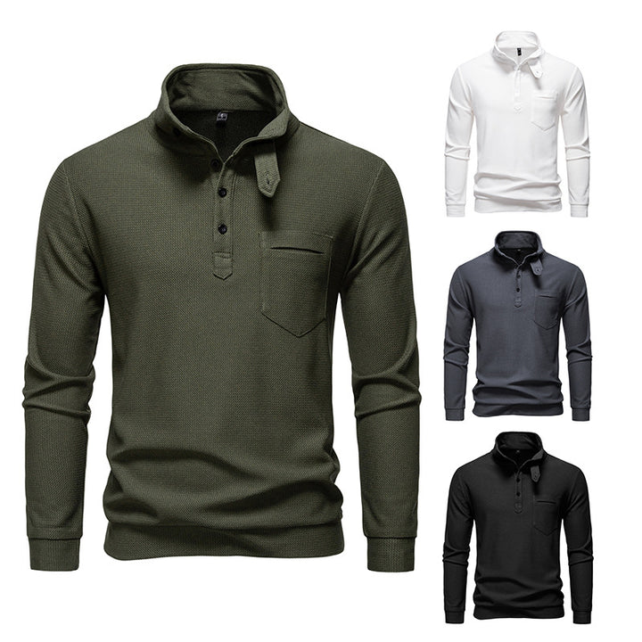 Men's Textured Waffle Knit Henley Shirt with High Collar, Button Placket and Chest Pocket Mune Fashion