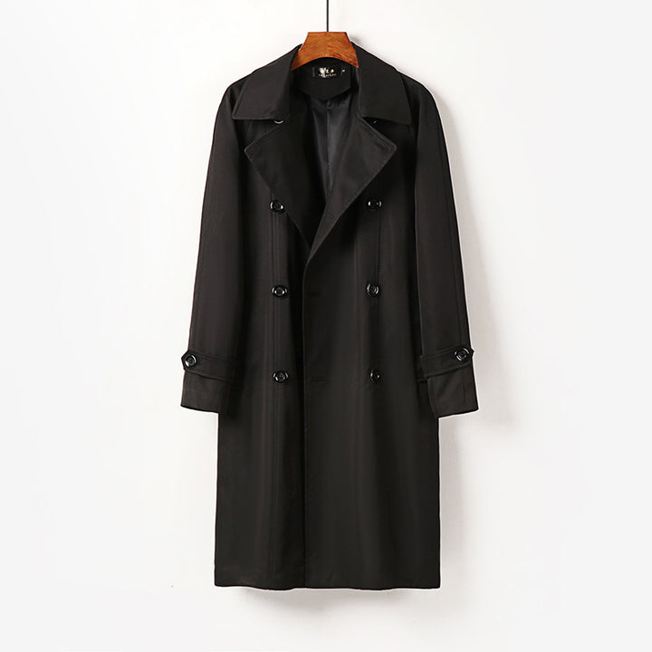 Men Water-Repellent Double-Breasted Trench Coat with Wide Lapels and Knee-Length Mune Fashion