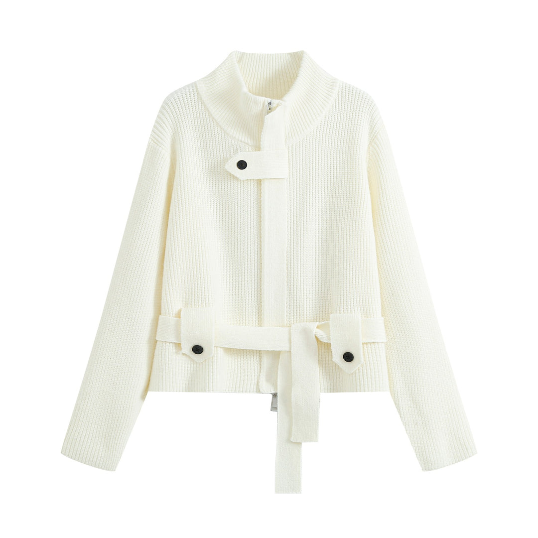 Women's cardigan with stand collar, zipper and waist tie belt Mune Fashion