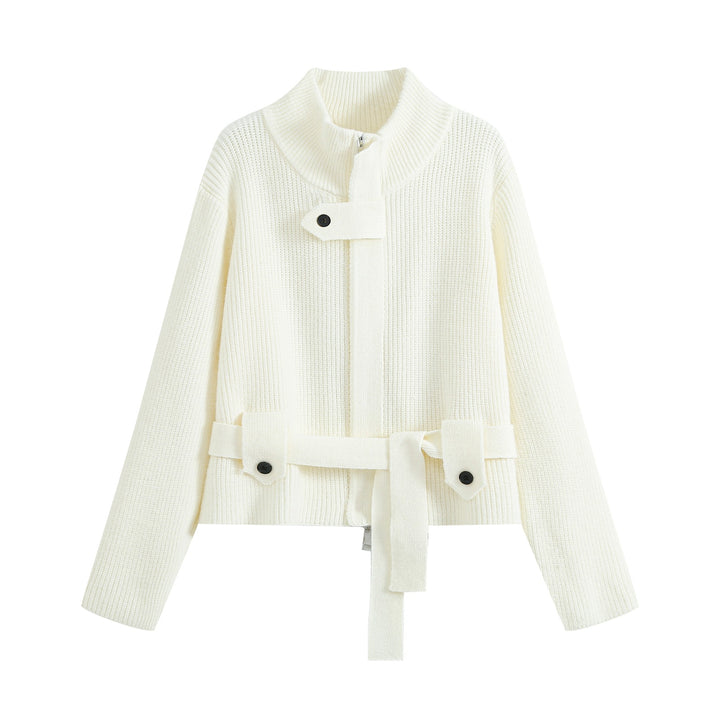 Women's cardigan with stand collar, zipper and waist tie belt Mune Fashion