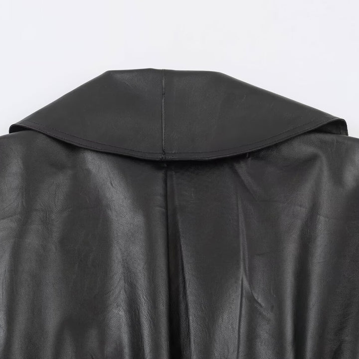 Women's Cropped Leather-Look Jacket with Oversized Shawl Collar and Tailoring Buckle Belt Mune Fashion