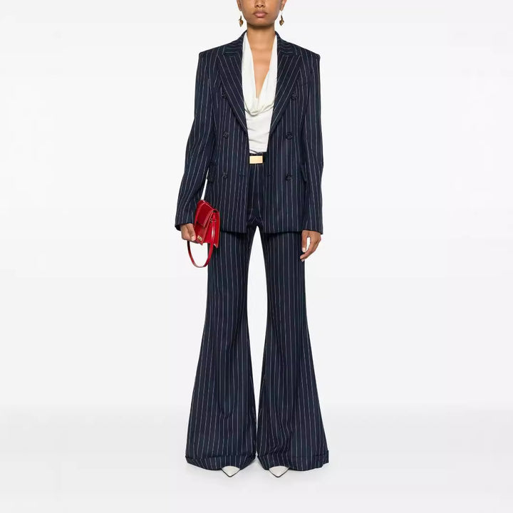 Women's Pinstripe Double-Breasted Blazer with High-Waist Flared Pants Mune Fashion