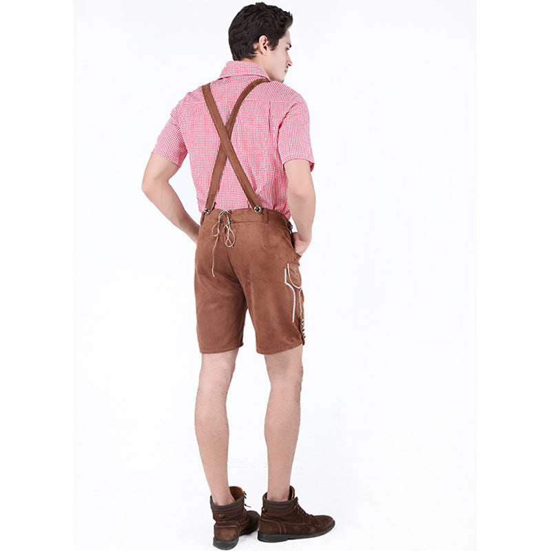 Men's traditional leather shorts with braces and intricate embroidery Mune Fashion