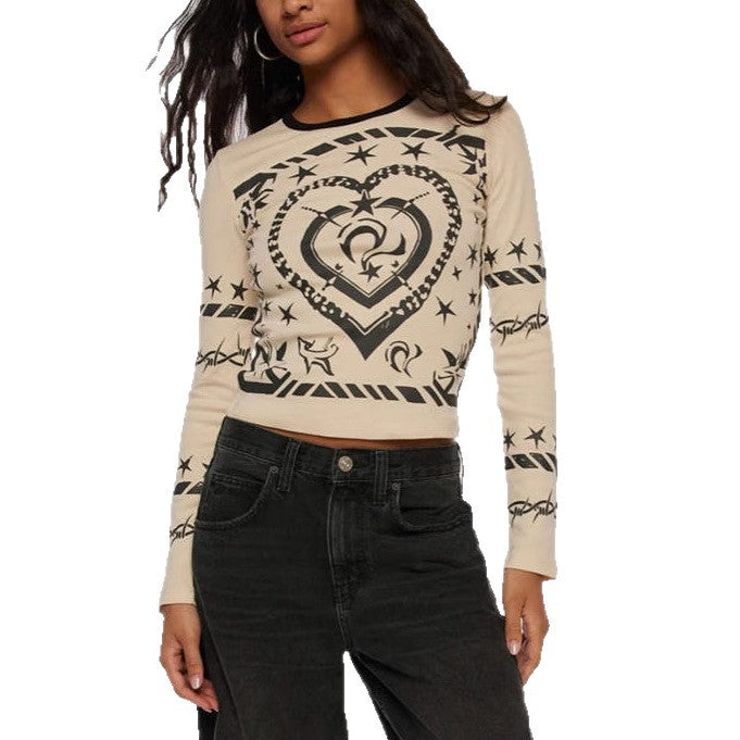Women's Cropped Long Sleeve Shirt with Fitted Cut and Allover Heart Print Mune Fashion