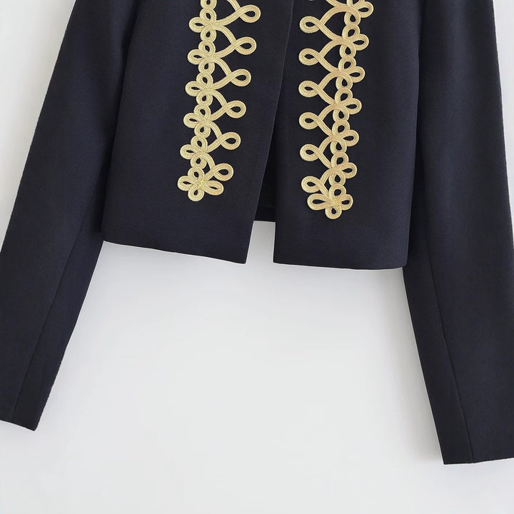 Women Short Military Jacket with Gold-Embellished Cord Application Drune