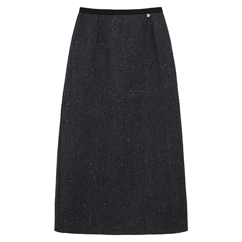 Women's tailored wool-blend midi skirt with subtle glitter texture, Mune Fashion