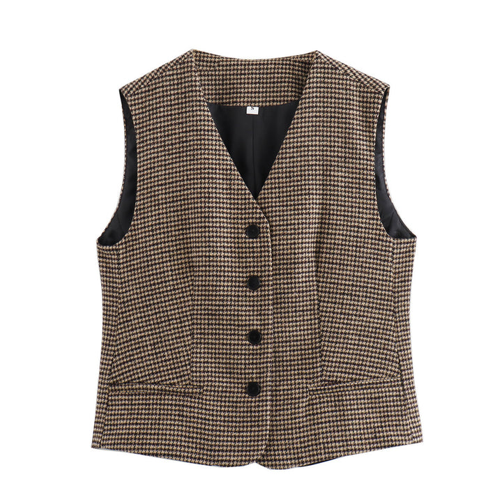 Women tailored houndstooth vest with V-neck and button placket Mune Fashion