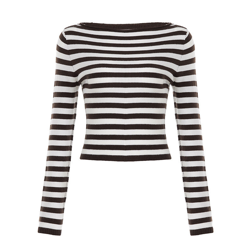 Women's Maritime Ribbed Cropped Top with Boat Neck Mune Fashion