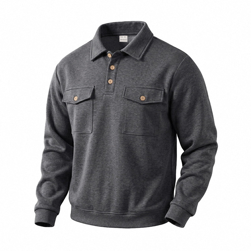 Men's Long Sleeve Polo Shirt with Button Placket and Patch Pockets Mune Fashion