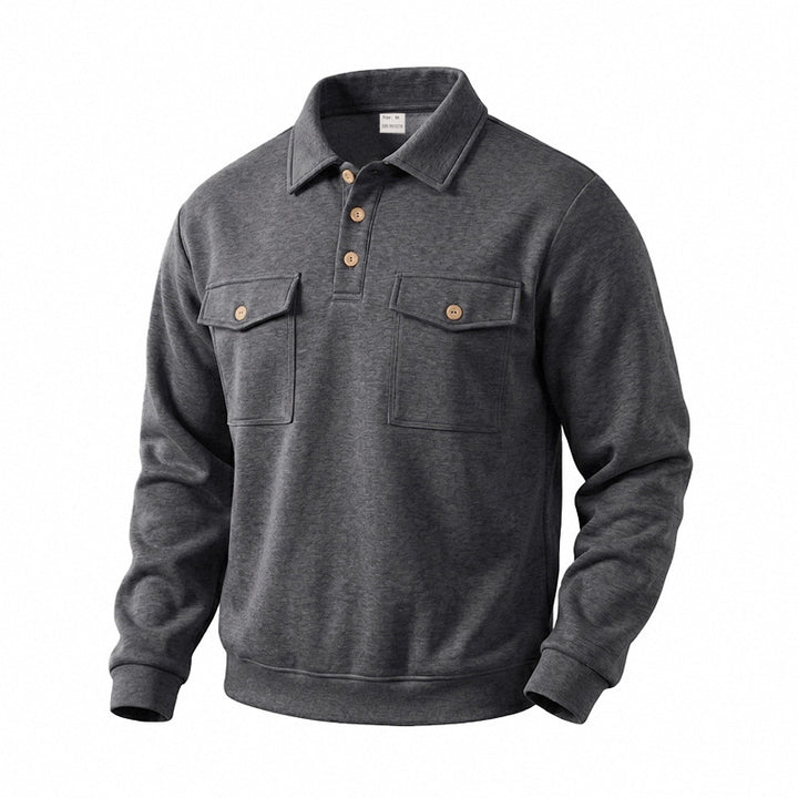 Men's Long Sleeve Polo Shirt with Button Placket and Patch Pockets Mune Fashion