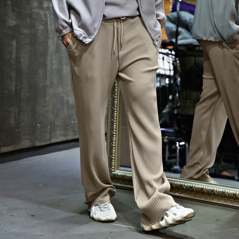 Men's Casual Ribbed Relaxed Pants with Wide Leg, Drawstring & Side Pockets