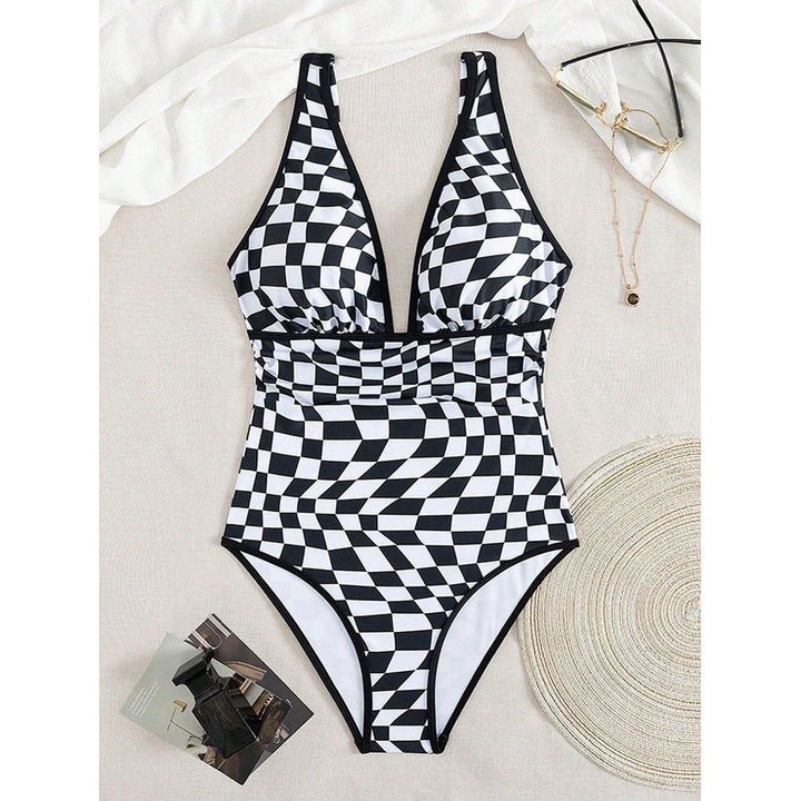 Women’s One-Piece Swimsuit with Modern Checkerboard Pattern Mune Fashion