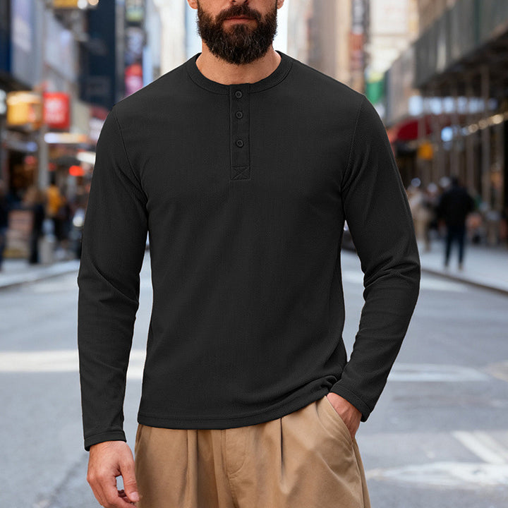 Men's nan Thermo-Henley-Long Sleeve Shirt with Waffle Structure, Round Neckline and Button Placket Mune Fashion