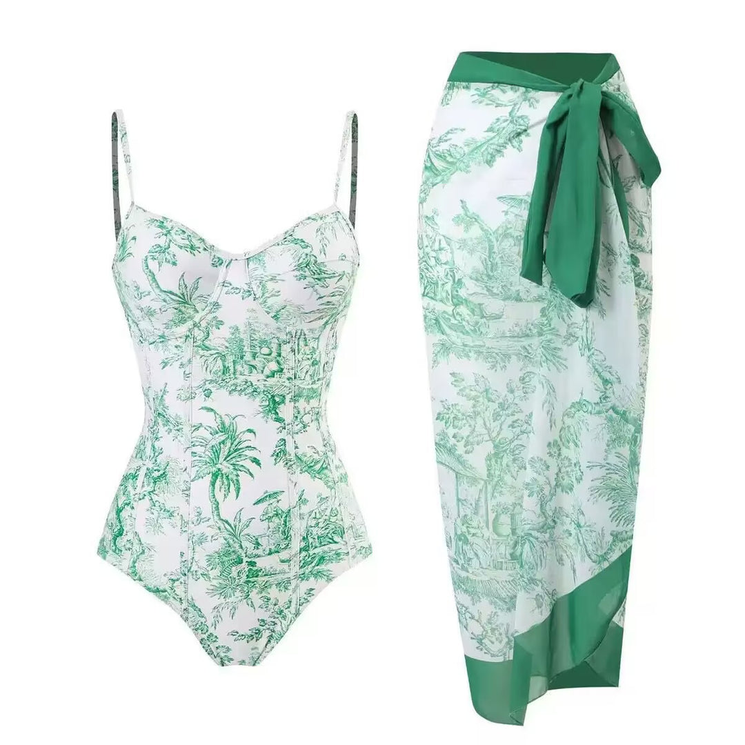 Women's Two-Piece Swimsuit Set with Elegant Wrap Skirt and Floral Print Mune Fashion