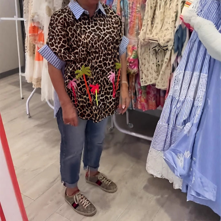 Women wide-cut poncho tunic with leopard print and decorative flamingo appliqués Mune Fashion
