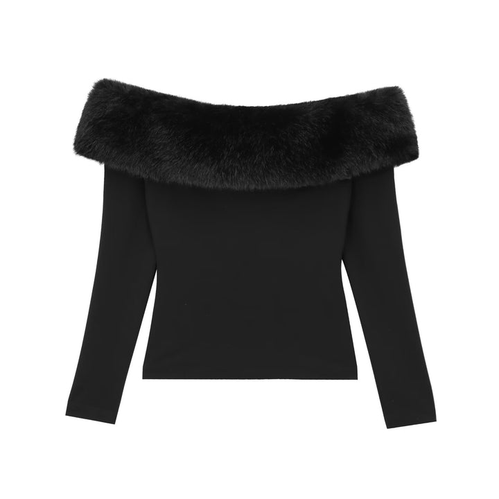 Women's Off-Shoulder Long Sleeve Sweater with Wide Faux-Fur Shawl Collar Mune Fashion