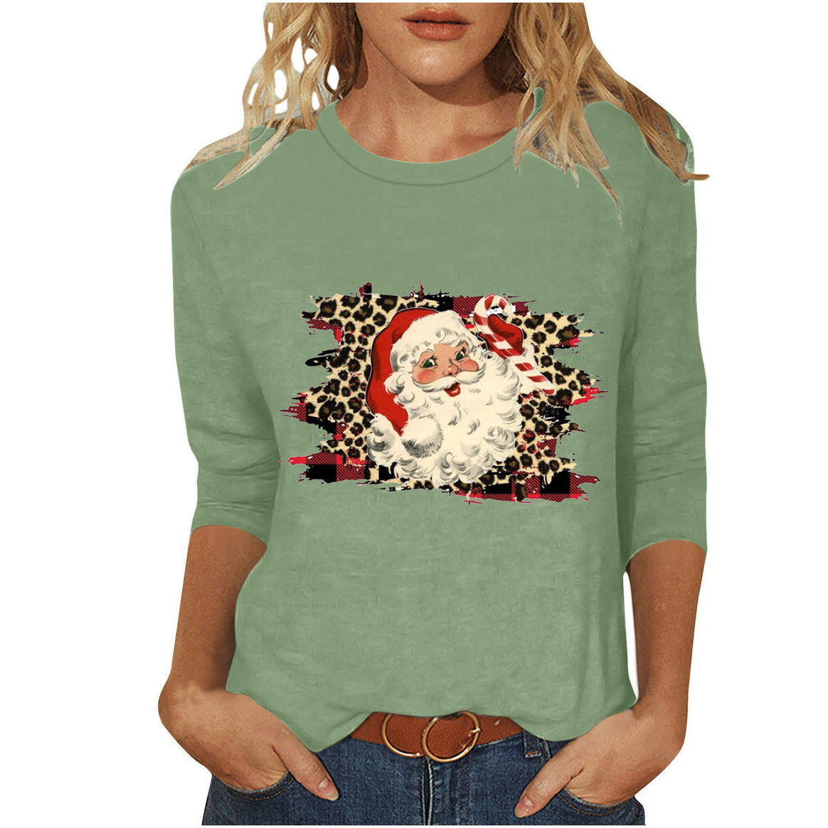 Women's casual sweatshirt with retro Santa print, leopard and check pattern, and three-quarter sleeves Mune Fashion