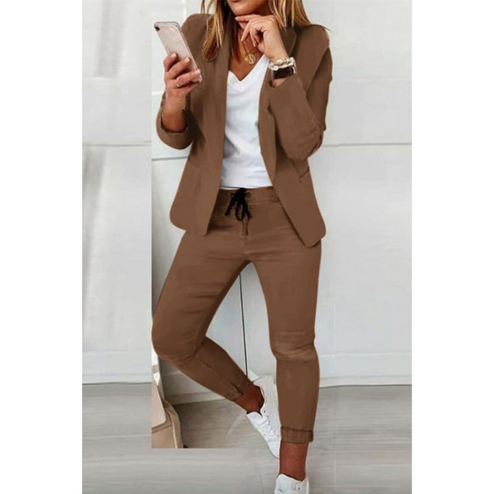 Women's Two-Piece Stretch Jersey Blazer Set with Drawstring Jogging Pants Mune Fashion