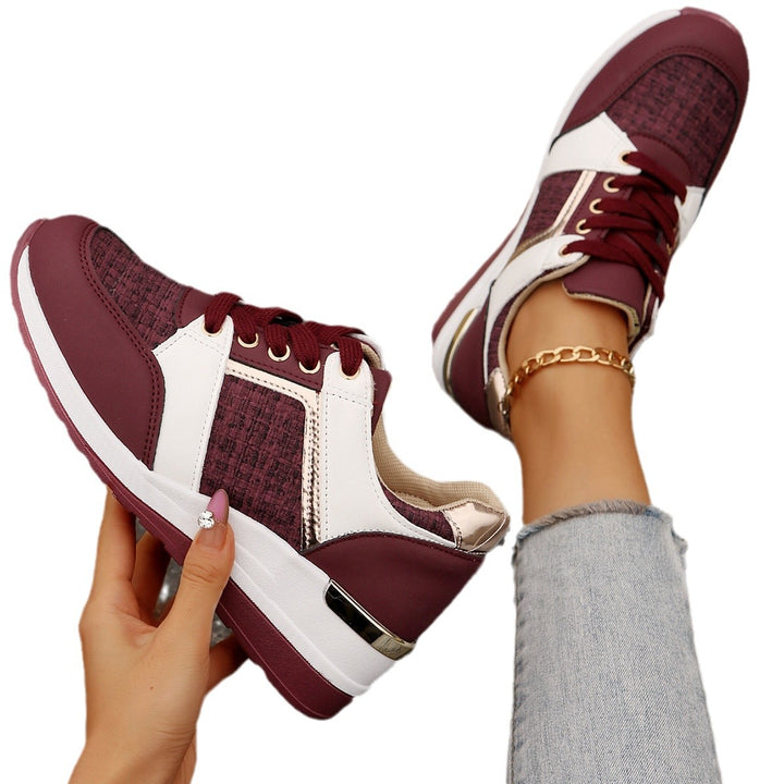 Women's sporty wedge sneakers with textured knit mix padded comfort insole and gold accents Mune Fashion