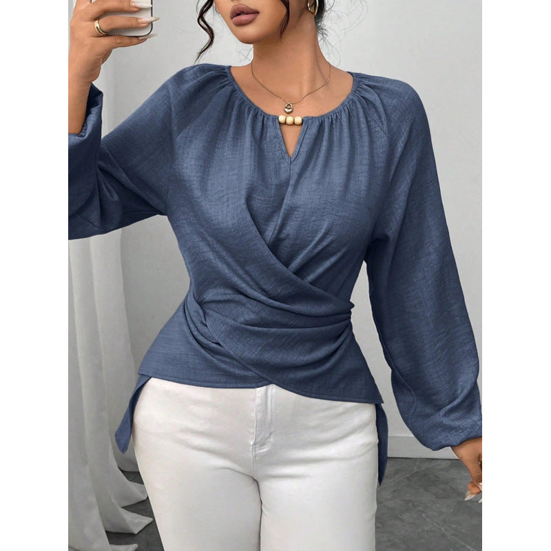 Women Tailored Wrap Blouse with Pearl Detail and Balloon Sleeves Mune Fashion