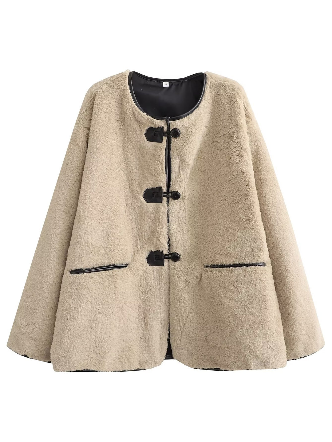 Women's short teddy coat with toggle closure, faux leather edging and patch pockets Mune Fashion
